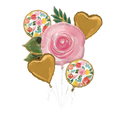 Bright floral balloon bouquet with gold heart and pink flower designs birthday theme from Parte Haus party supply store in Bethesda MD