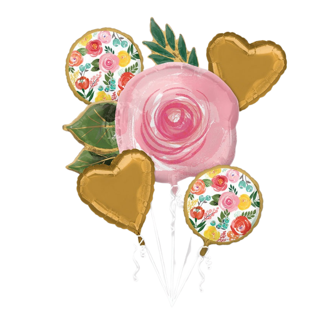 Bright floral balloon bouquet with gold heart and pink flower designs birthday theme from Parte Haus party supply store in Bethesda MD