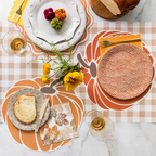 Brown gingham paper table runner with pumpkins for fall Thanksgiving decor from Parte Haus party supply store in Bethesda Maryland