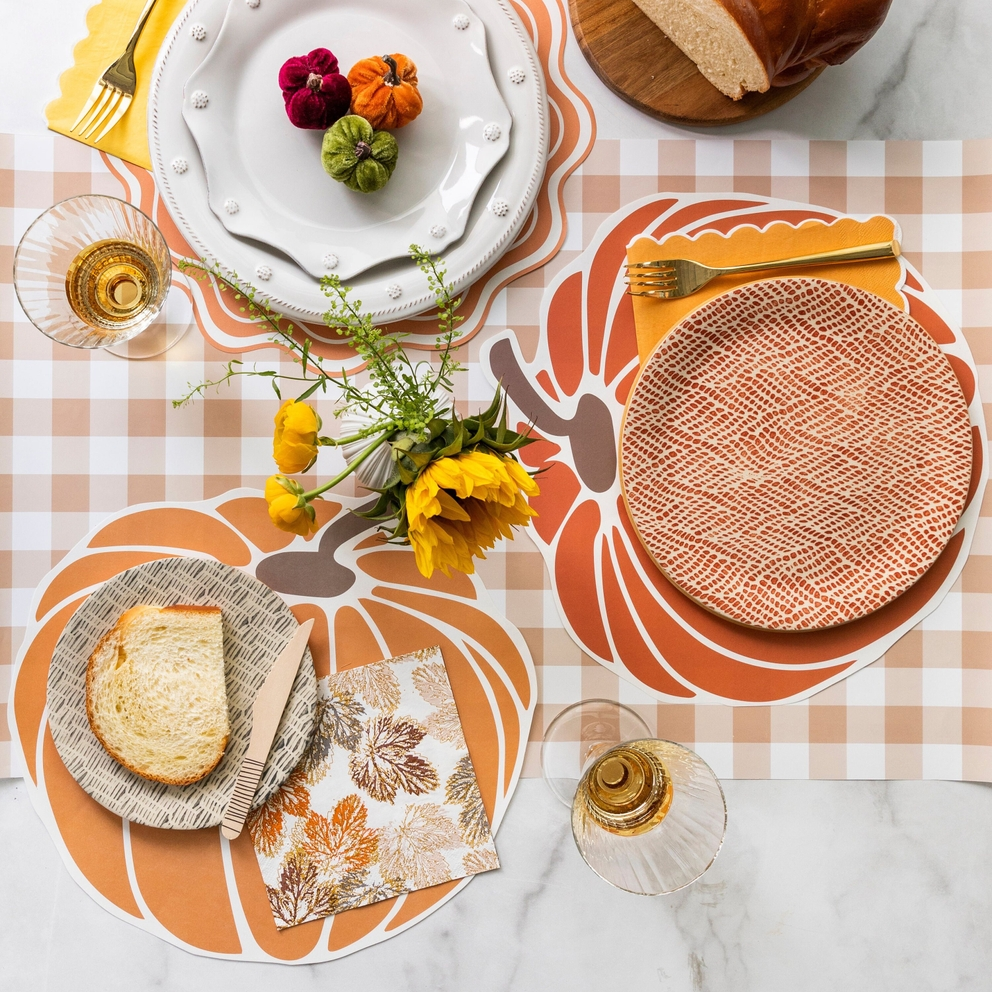 Brown gingham paper table runner with pumpkins for fall Thanksgiving decor from Parte Haus party supply store in Bethesda Maryland