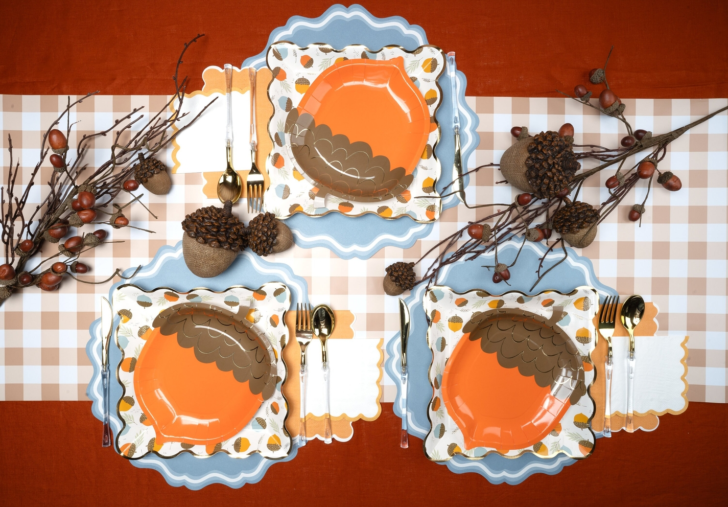 Brown gingham paper table runner with acorn plates and autumn decor Thanksgiving from Parte Haus party supply store in Bethesda MD