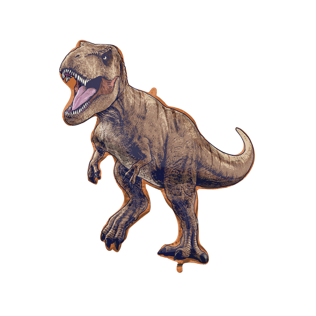Brown dinosaur foil balloon featuring Jurassic World T rex design for kids birthday from Parte Haus party supply store in Bethesda Maryland
