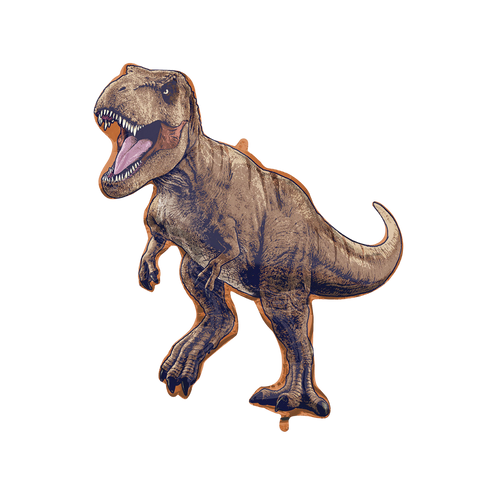Brown dinosaur foil balloon featuring Jurassic World T rex design for kids birthday from Parte Haus party supply store in Bethesda Maryland