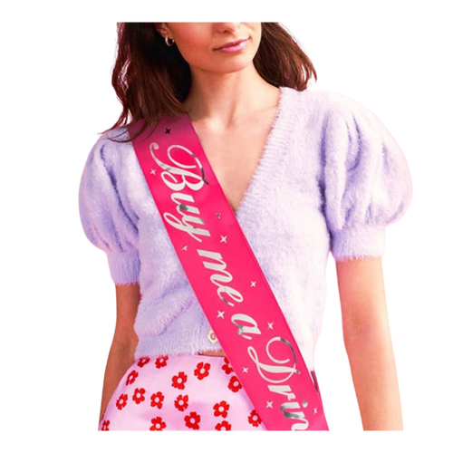 Pink Buy Me a Drink sash with silver stars for bachelorette from Parte Haus party supply store in Bethesda Maryland