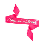 Pink Buy Me A Drink sash with silver stars bachelorette theme from Parte Haus party supply store in Bethesda Maryland