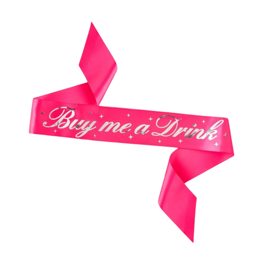 Pink Buy Me A Drink sash with silver stars bachelorette theme from Parte Haus party supply store in Bethesda Maryland