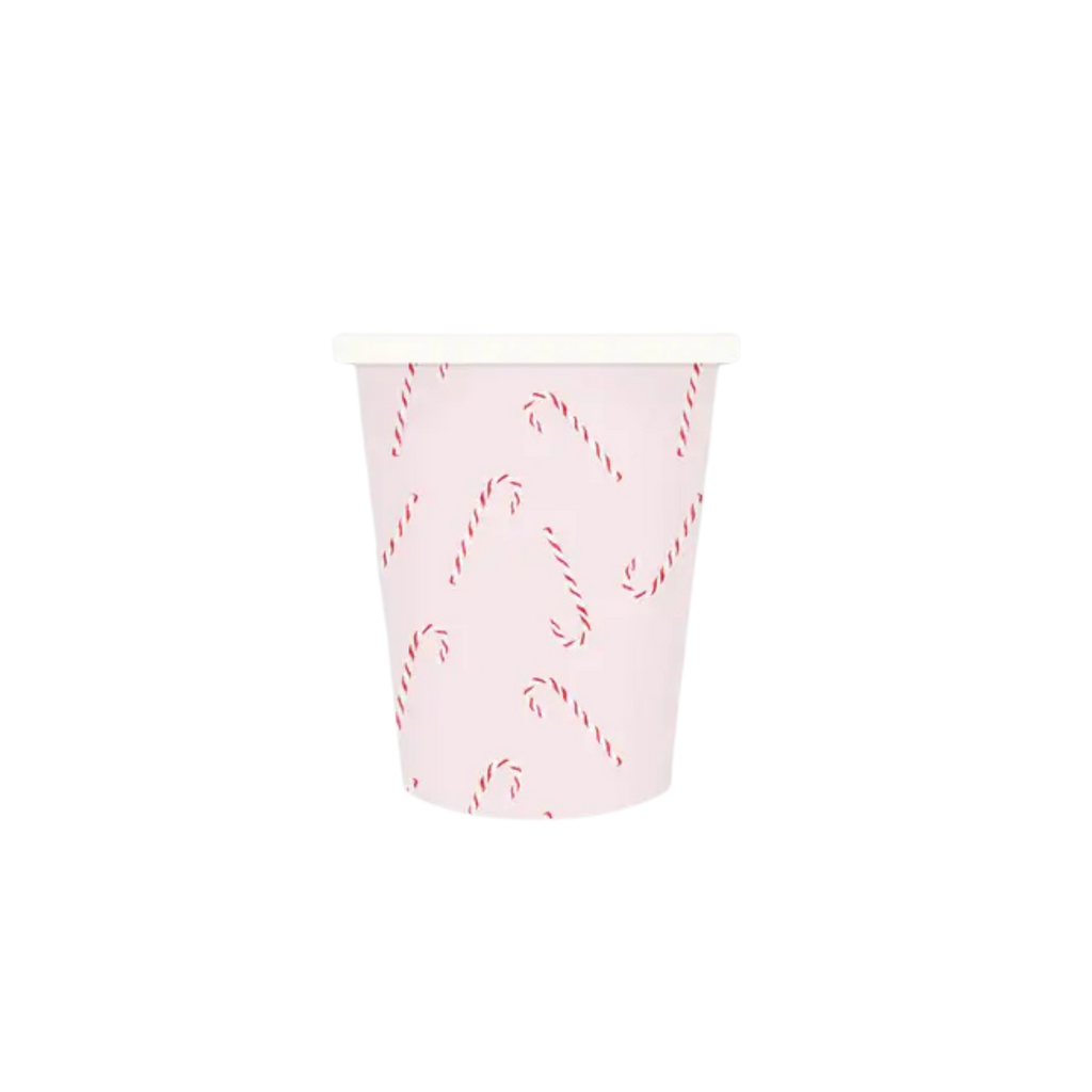 Pink candy cane cup with white rim Christmas theme from Parte Haus party supply store in Bethesda MD