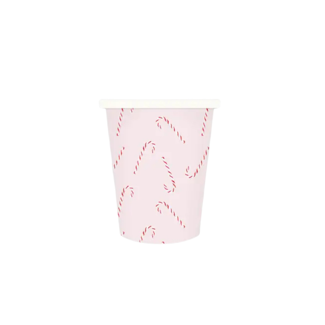 Pink candy cane cup with white rim Christmas theme from Parte Haus party supply store in Bethesda MD