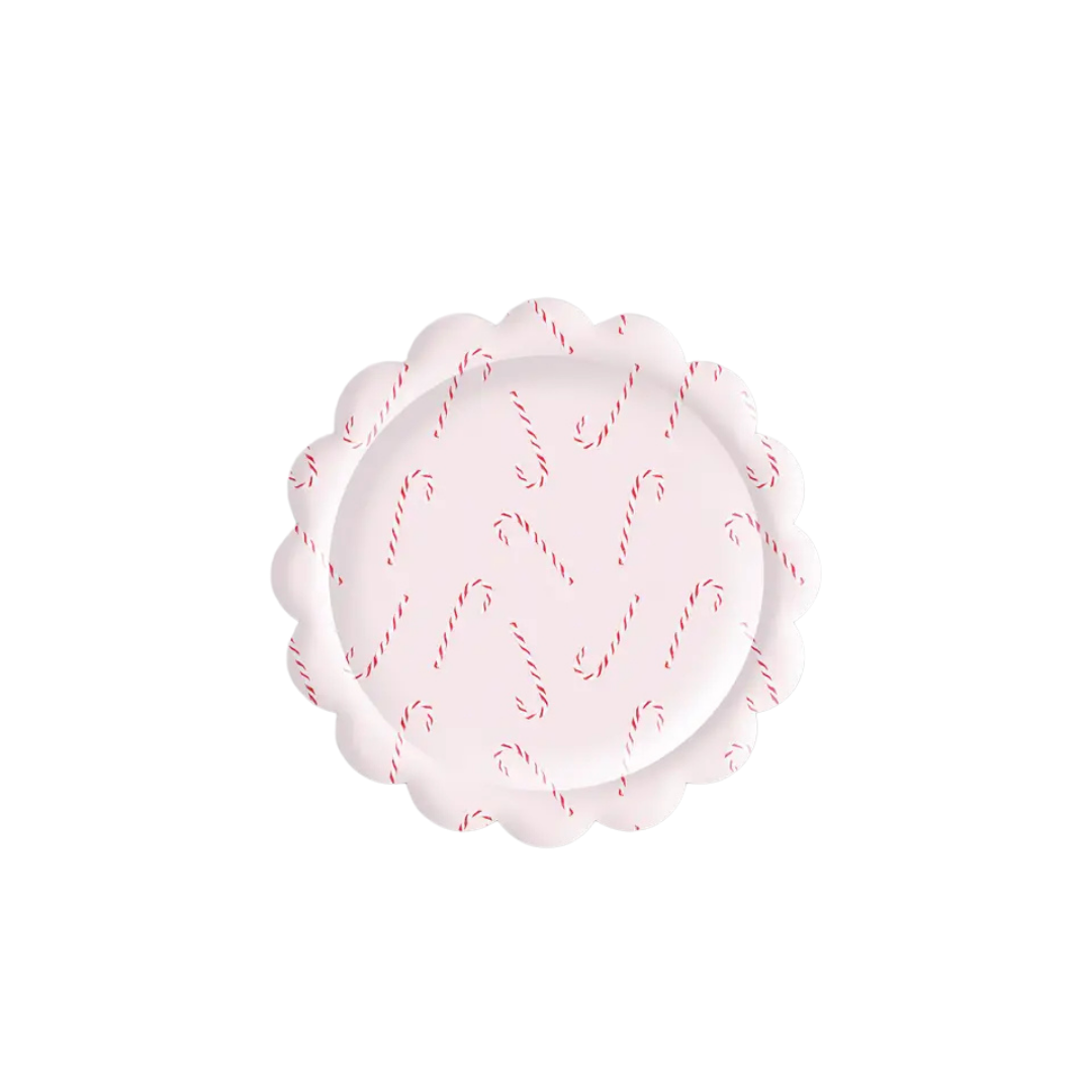 pink candy cane scalloped plate with holiday theme from Parte Haus party supply store in Bethesda Maryland