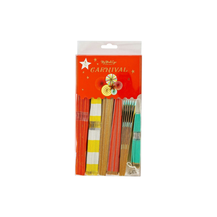 Multicolor carnival cutlery set with gold red and turquoise accents for celebration from Parte Haus party supply store in Bethesda MD.