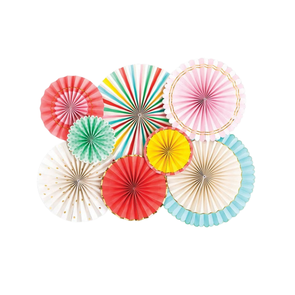 Colorful paper fan decorations with stripes polka dots and gold trim carnival birthday theme from Parte Haus party supply store in Bethesda MD