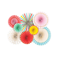 Colorful paper fan decorations with stripes polka dots and gold trim carnival birthday theme from Parte Haus party supply store in Bethesda MD