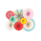 Colorful paper fan decorations with stripes polka dots and gold trim carnival birthday theme from Parte Haus party supply store in Bethesda MD