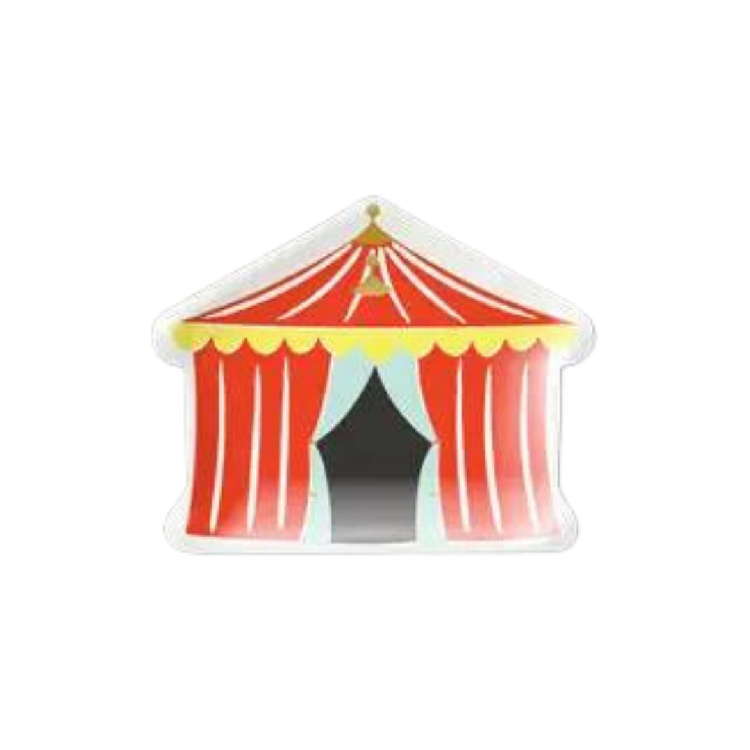 Red carnival tent shaped plate circus theme from Parte Haus party supply store in Bethesda Maryland