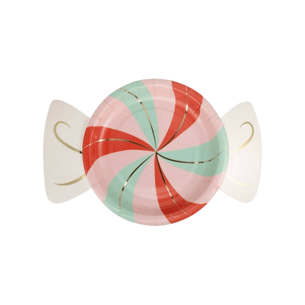 Red pink and mint candy shaped plate with gold accents Christmas theme from Parte Haus party supply store in Bethesda Maryland