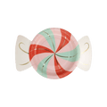 Red pink and mint candy shaped plate with gold accents Christmas theme from Parte Haus party supply store in Bethesda Maryland