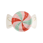 Red pink and mint candy shaped plate with gold accents Christmas theme from Parte Haus party supply store in Bethesda Maryland