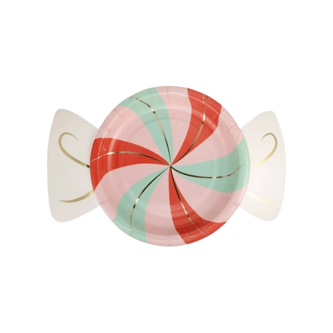 Red pink and mint candy shaped plate with gold accents Christmas theme from Parte Haus party supply store in Bethesda Maryland