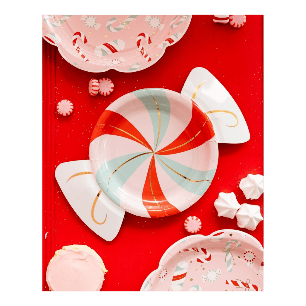 Red and pastel swirl candy-shaped plate Christmas paper plate with festive candy patterns from Parte Haus party supply store in Bethesda MD