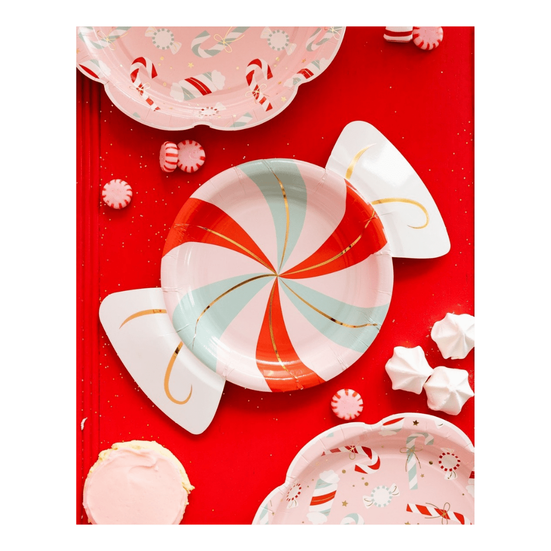Red and pastel swirl candy-shaped plate Christmas paper plate with festive candy patterns from Parte Haus party supply store in Bethesda MD