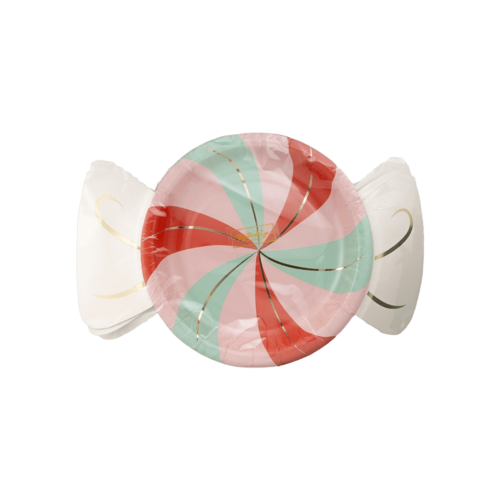 Red and green candy shaped paper plate with gold swirl for Christmas from Parte Haus party supply store in Bethesda MD