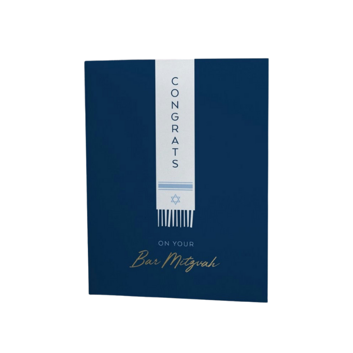 Navy blue Bar Mitzvah greeting card with white congrats ribbon from Parte Haus party supply store in Bethesda Maryland