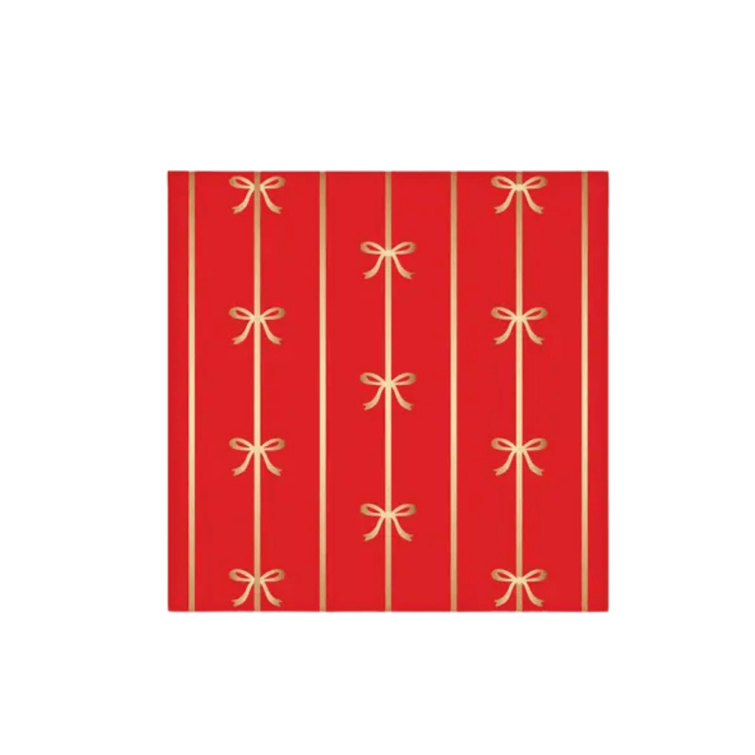 Cherry red napkins with gold bow pattern for holiday or birthday from Parte Haus party supply store in Bethesda MD