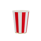 cherry red striped paper cups with gold rim for carnival birthday from Parte Haus party supply store in Bethesda MD