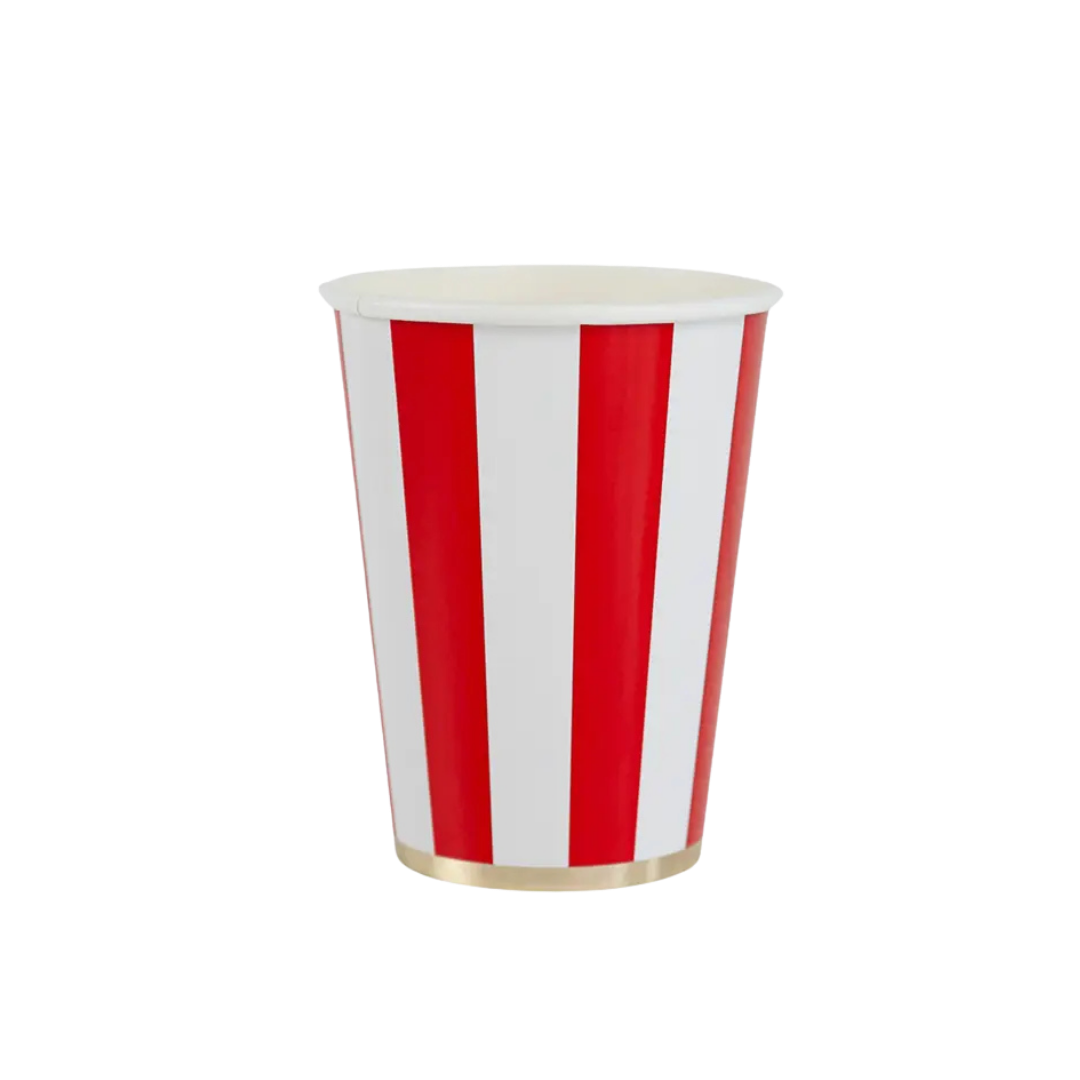 cherry red striped paper cups with gold rim for carnival birthday from Parte Haus party supply store in Bethesda MD