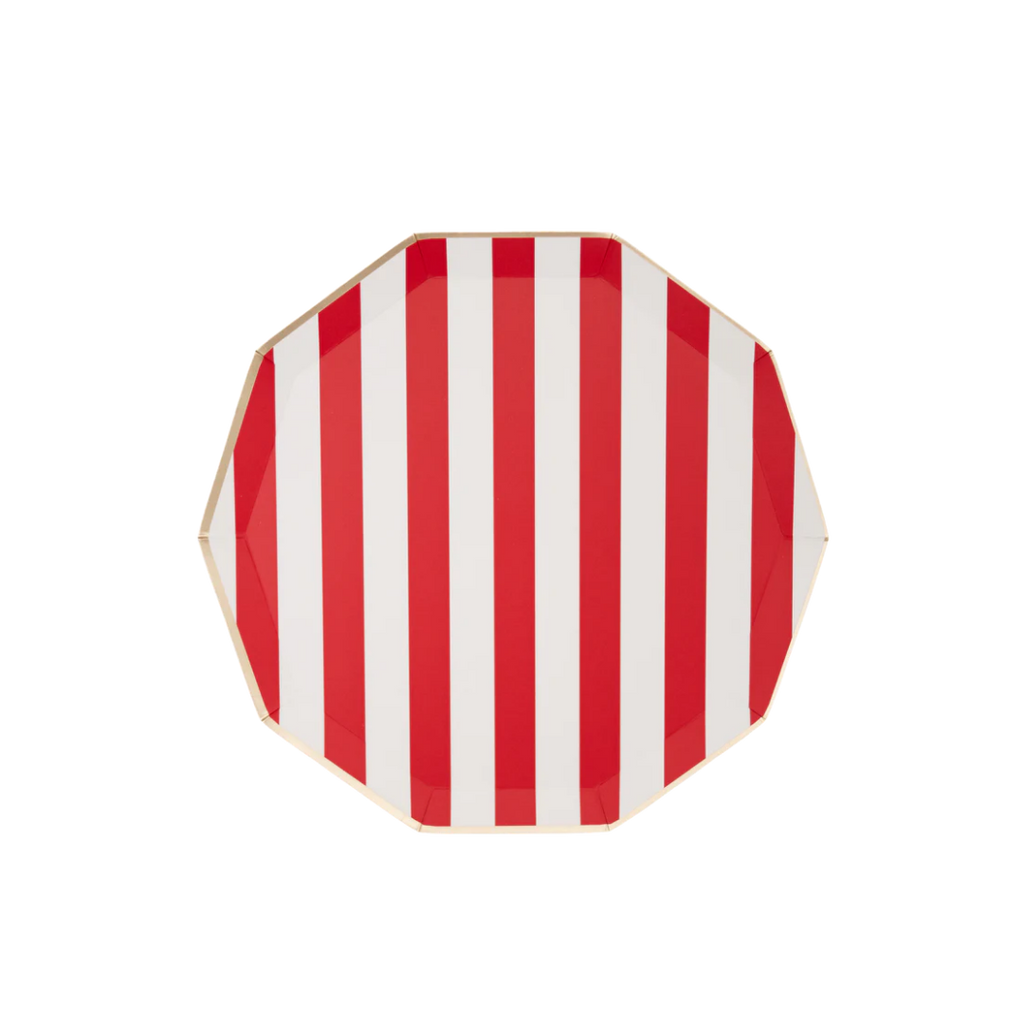 Cherry red striped plate with octagon shape for summer or carnival theme from Parte Haus party supply store in Bethesda MD