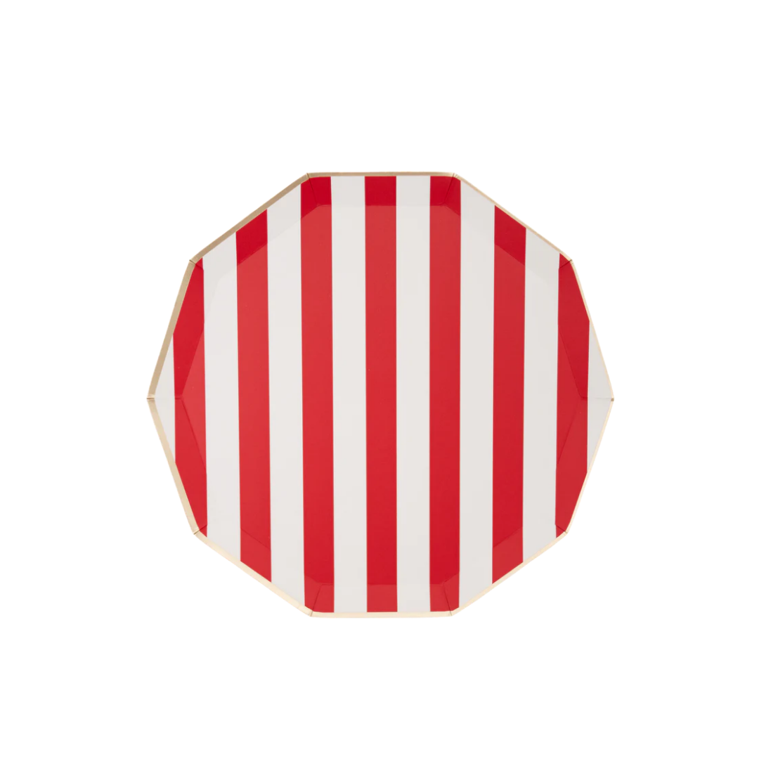 Cherry red striped plate with octagon shape for summer or carnival theme from Parte Haus party supply store in Bethesda MD