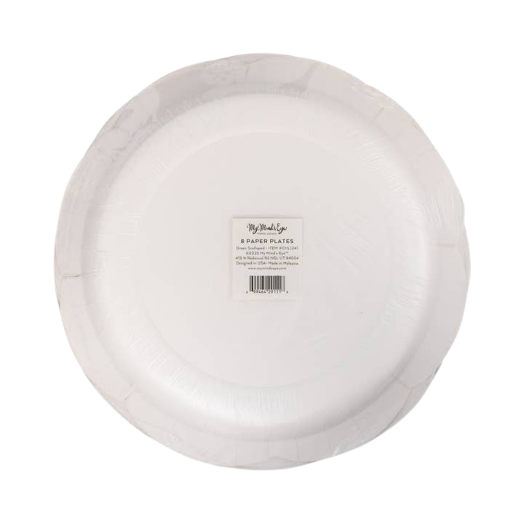 Green with White Detailing Lines Scalloped Large Dinner Plate