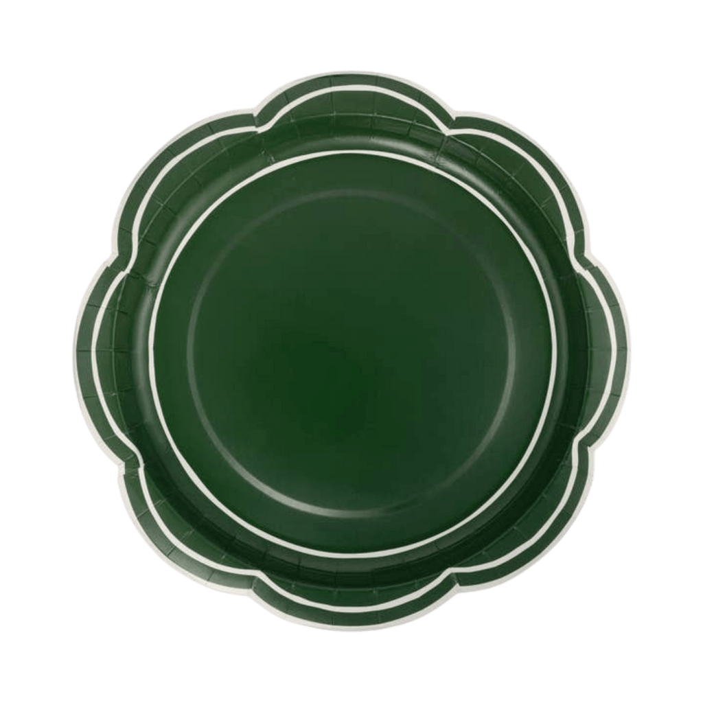 Green scalloped edge plate for celebrations from Parte Haus party supply store in Bethesda MD