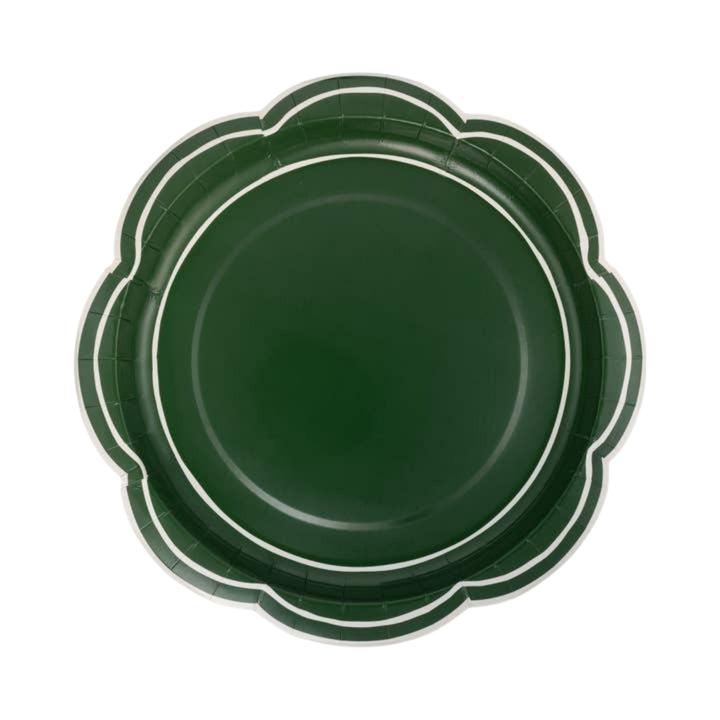 Green with White Detailing Lines Scalloped Large Dinner Plate