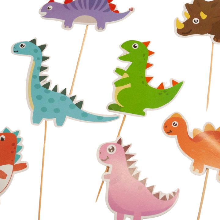 Colorful dinosaur cupcake toppers for kids birthday from Parte Haus party supply store in Bethesda Maryland