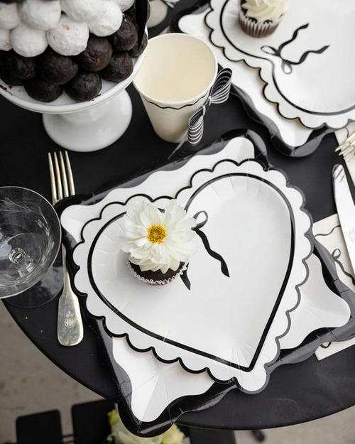 Black & White Bow Heart Dinner Plates