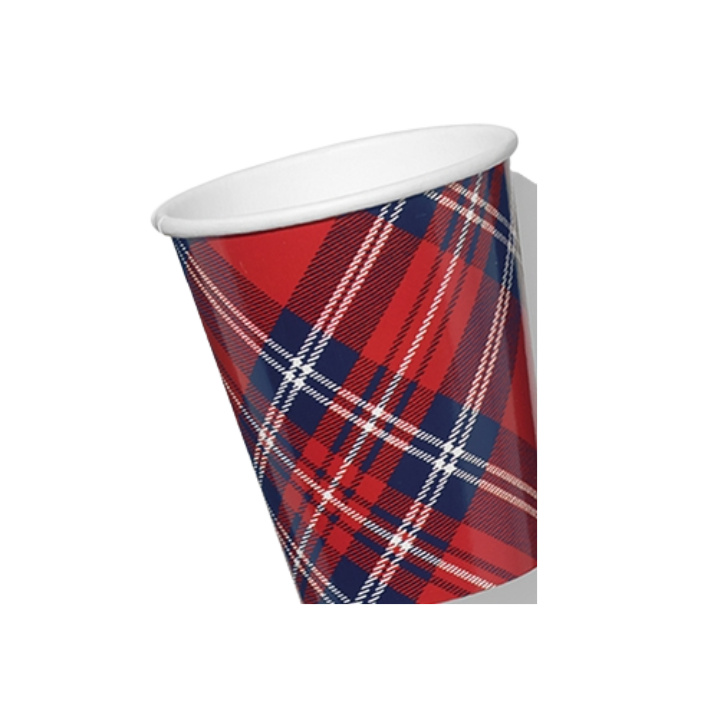 Red plaid paper cup with checkered pattern for celebrations from Parte Haus party supply store in Bethesda MD.