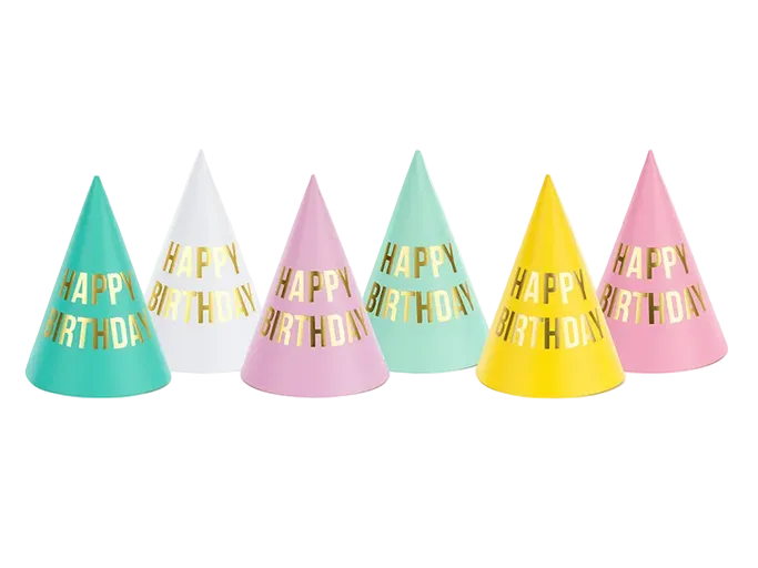 Happy Birthday Assorted Pastel Party Hats - 6 pk