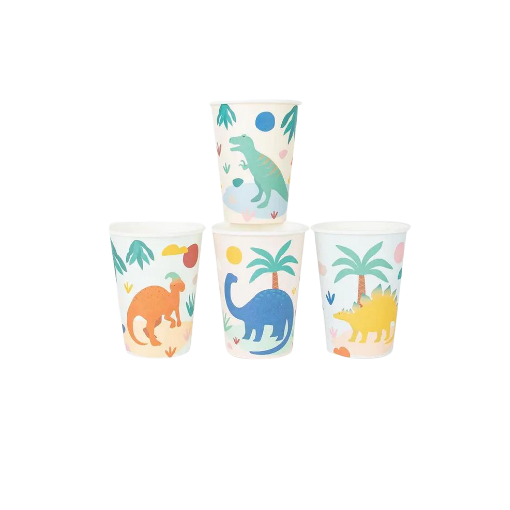 Colorful dinosaur cups with palm trees for kids birthday from Parte Haus party supply store in Bethesda MD