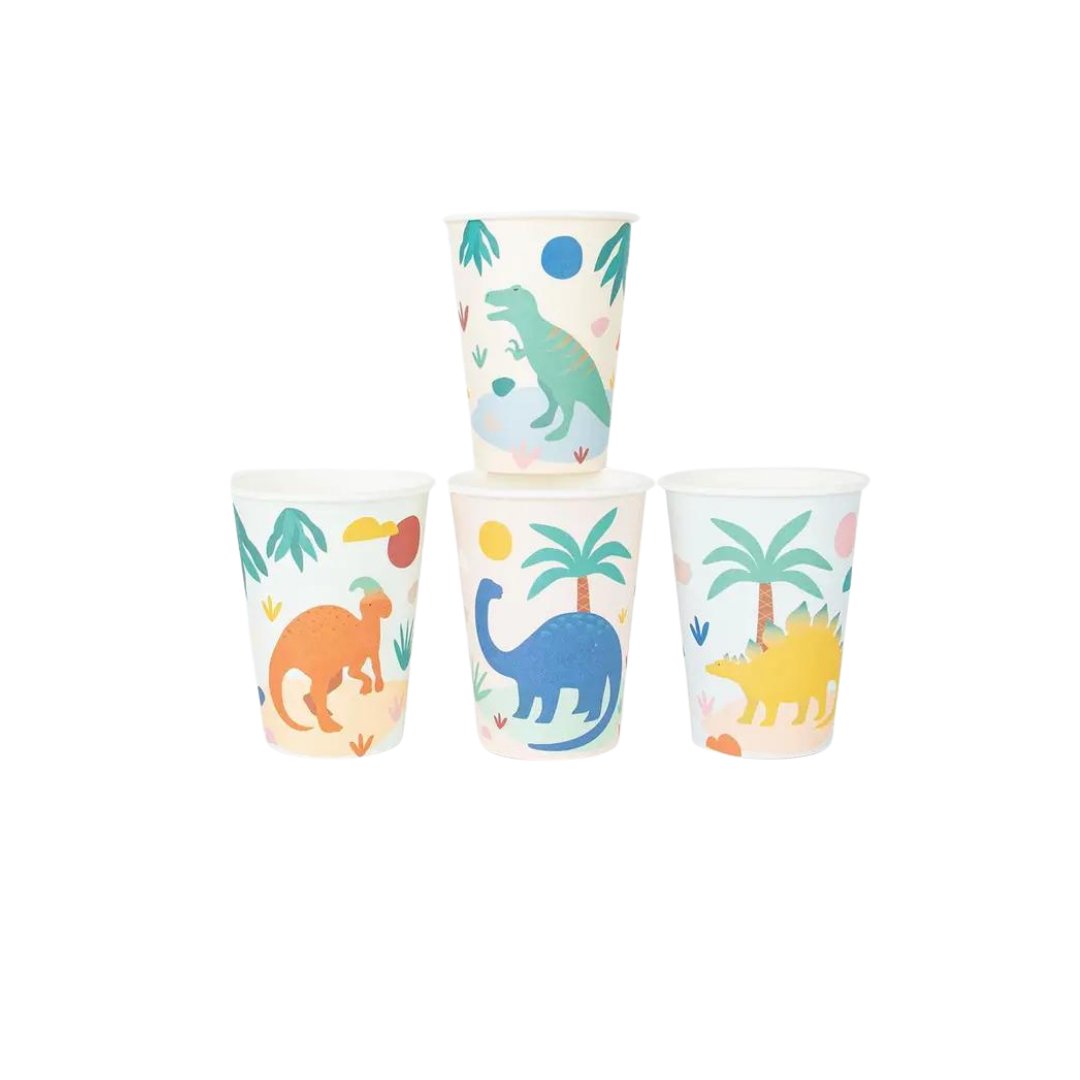 Colorful dinosaur cups with palm trees for kids birthday from Parte Haus party supply store in Bethesda MD
