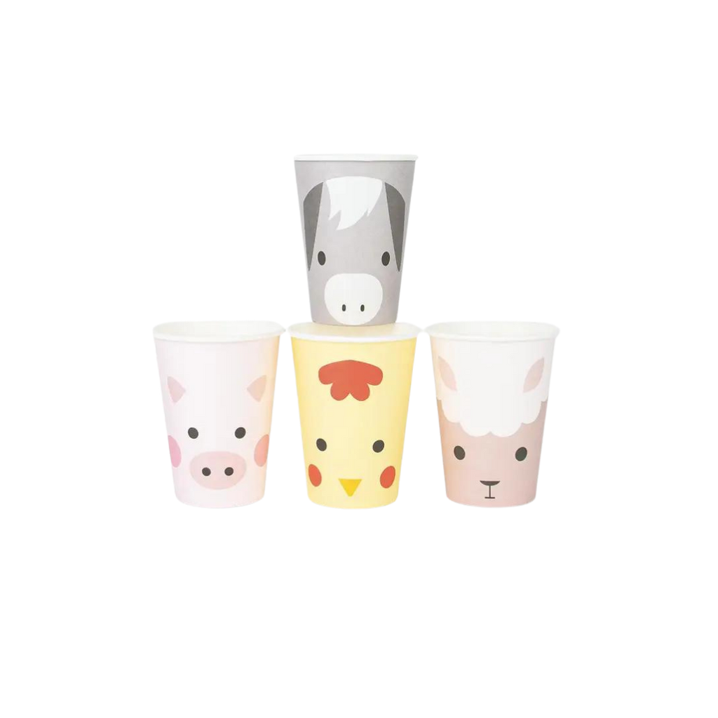 multi color farm animal cups with pig horse chicken and sheep faces for kids birthday from Parte Haus party supply store in Bethesda MD