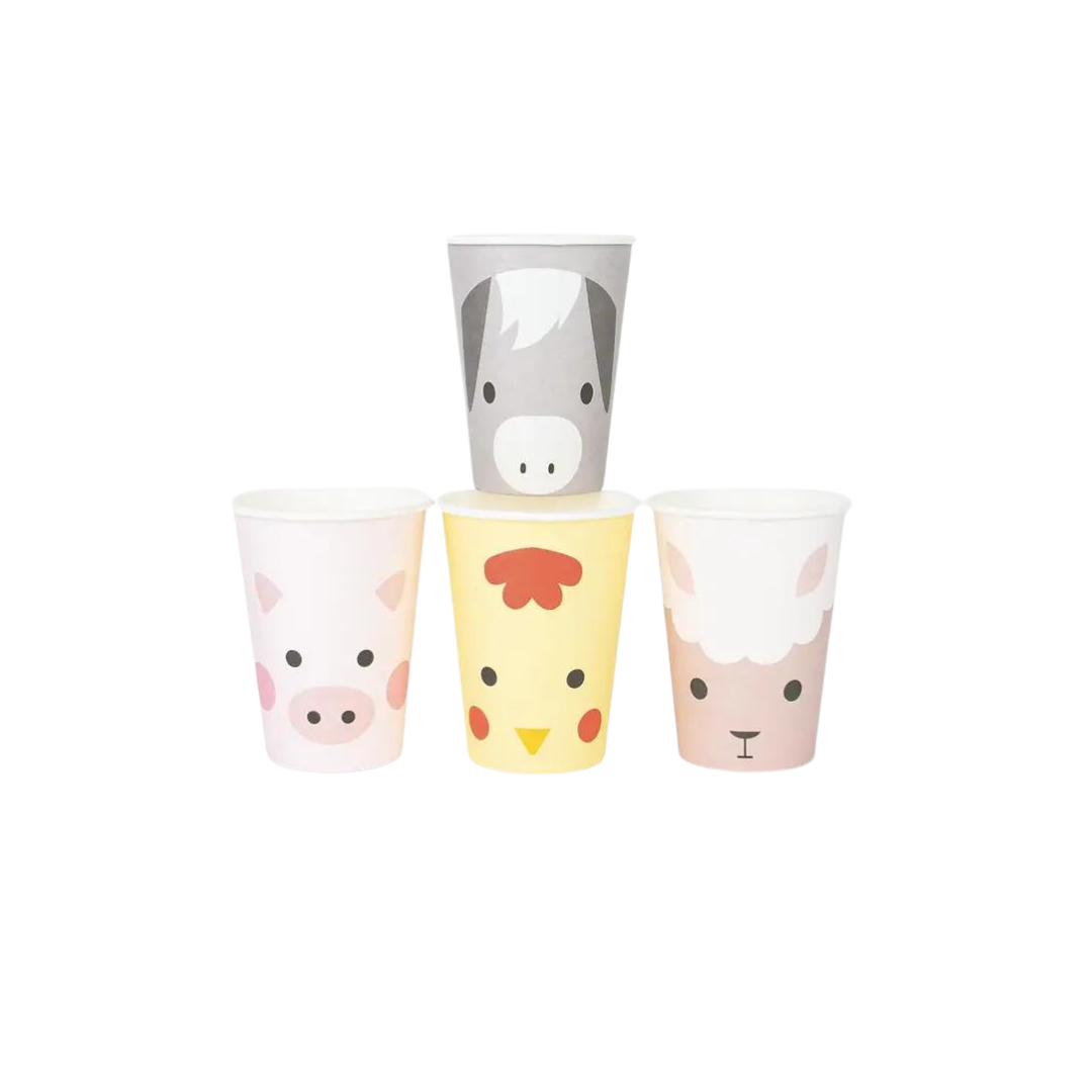 multi color farm animal cups with pig horse chicken and sheep faces for kids birthday from Parte Haus party supply store in Bethesda MD