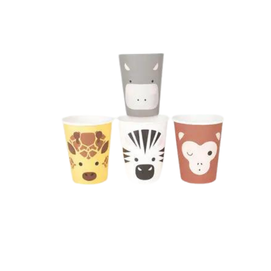 Yellow giraffe white zebra gray hippo brown monkey paper cups safari animal theme from Parte Haus party supply store in Bethesda Maryland