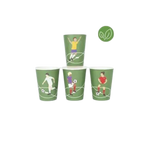 Green soccer paper cups with illustrated players sports birthday theme from Parte Haus party supply store in Bethesda MD.