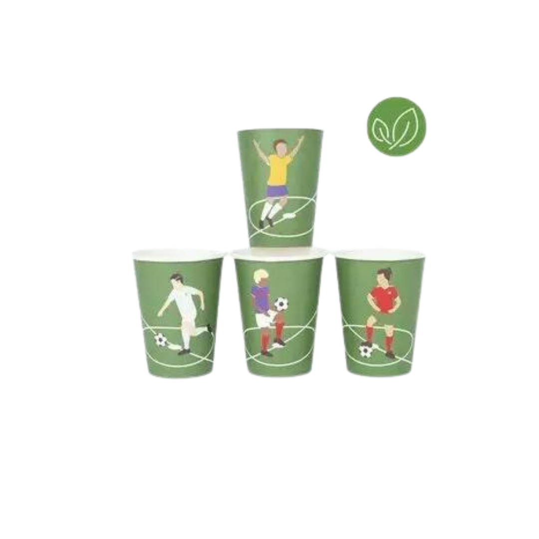 Green soccer paper cups with illustrated players sports birthday theme from Parte Haus party supply store in Bethesda MD.