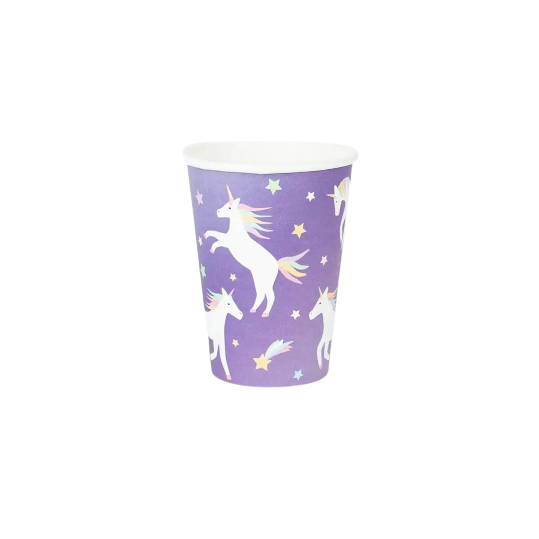 Purple unicorn paper cup with pastel stars for birthday theme from Parte Haus party supply store in Bethesda MD