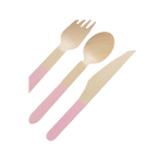 Pink wooden cutlery set with fork spoon and knife for birthday from Parte Haus party supply store in Bethesda MD