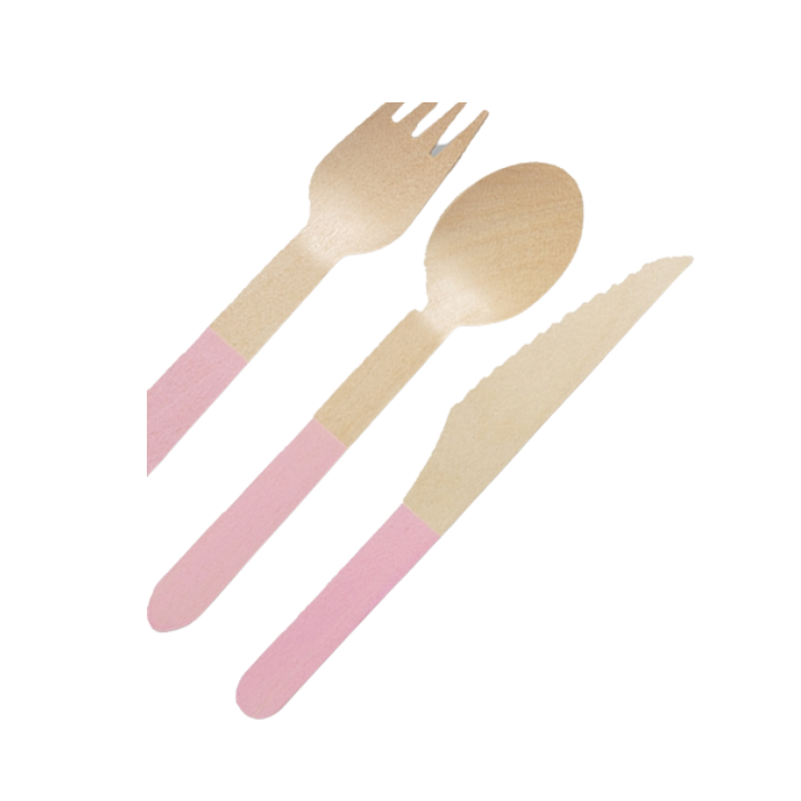 Pink wooden cutlery set with fork spoon and knife for birthday from Parte Haus party supply store in Bethesda MD