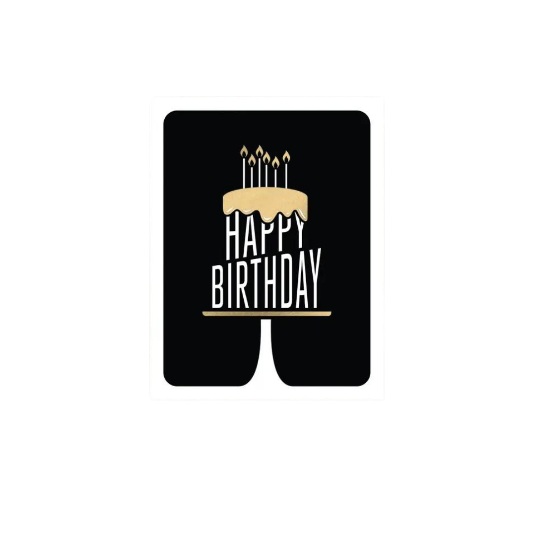 Black and gold birthday card with cake and candles birthday theme from Parte Haus party supply store in Bethesda MD