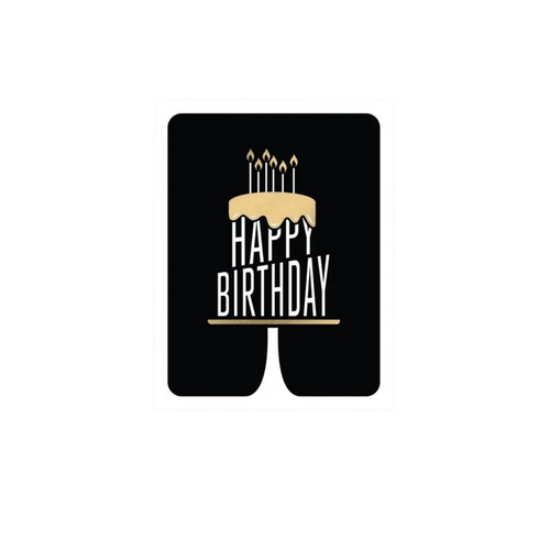 Black and gold birthday card with cake and candles birthday theme from Parte Haus party supply store in Bethesda MD